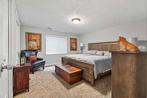 Carpeted bedroom with a textured ceiling