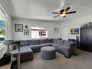 Carpeted living room featuring ceiling fan and a healthy amount of sunlight