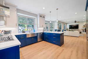 Kitchen featuring kitchen peninsula, stainless steel appliances, blue cabinetry, white cabinetry, and stainless farm sink