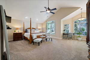 Master Bedroom featuring high vaulted ceiling, carpet flooring, and ceiling fan