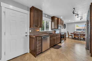 Kitchen with backsplash, appliances with stainless steel finishes, plenty of natural light, and sink