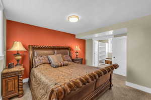 aAster Bedroom featuring carpet flooring and a walk in closet