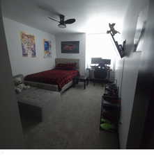 Carpeted bedroom with ceiling fan