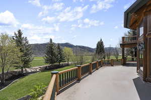 View of terrace with a mountain view