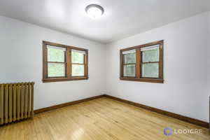 Empty room featuring radiator, light wood-type flooring, and plenty of natural light