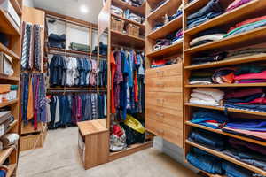 Walk in closet with carpet floors