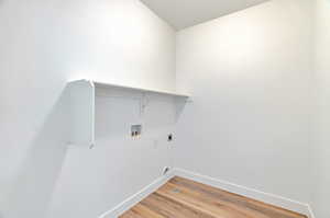 Washroom featuring electric dryer hookup, washer hookup, and light wood-type flooring