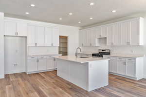 Kitchen with sink, white cabinets, gas range, and a kitchen island with sink