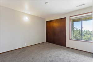 Unfurnished bedroom featuring carpet and a closet