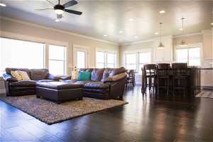 Living room with dark hardwood / wood-style flooring, ornamental molding, and plenty of natural light