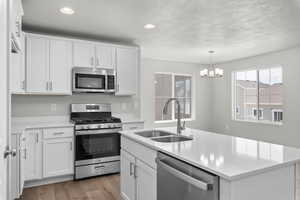 Kitchen with a center island with sink, dark hardwood / wood-style flooring, stainless steel appliances, white cabinets, and sink