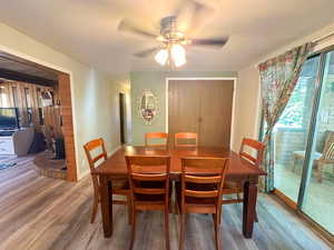 Dining area featuring wood-type flooring and ceiling fan