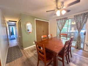 Dining area featuring wood-type flooring and ceiling fan