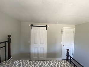 Unfurnished bedroom featuring carpet, a barn door, and a closet