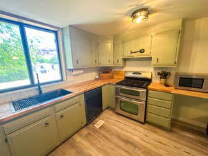 Kitchen with appliances with stainless steel finishes, sink, tasteful backsplash, and light wood-type flooring