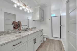 Bathroom featuring a shower with door, hardwood / wood-style flooring, vanity, and toilet