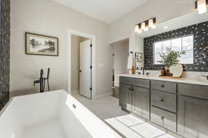 Model home - primary bathroom with a freestanding tub, separate room for toilet, and double vanity