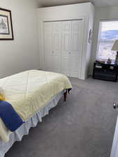 Carpeted bedroom with a closet