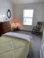 Carpeted bedroom with baseboard heating