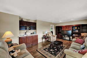 Living room with a textured ceiling and dark hardwood / wood-style floors, and wet bar.