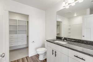 Bathroom featuring vanity, hardwood / wood-style floors, and toilet