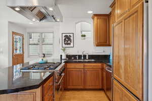 Kitchen featuring light hardwood / wood-style flooring, island exhaust hood, stainless steel appliances, sink, and dark stone counters