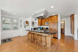 Kitchen featuring built in appliances, island range hood, kitchen peninsula, a breakfast bar area, and light hardwood / wood-style floors