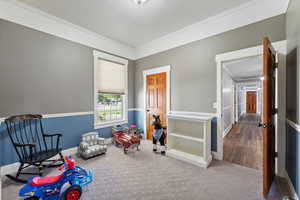 Game room featuring carpet and crown molding