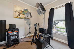 Workout area with ornamental molding and carpet floors