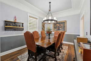 Dining space with a tray ceiling, a notable chandelier, dark hardwood / wood-style floors, and crown molding