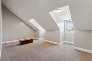 Additional living space featuring carpet and vaulted ceiling