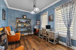 Office with ornamental molding and wood-type flooring