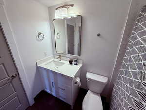 Full bath featuring vanity and toilet