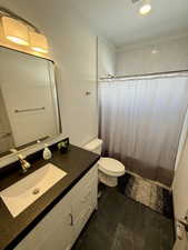 Full bath featuring toilet, curtained shower, and vanity