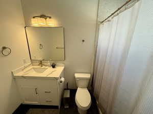 Bathroom featuring toilet, a shower with curtain, and vanity