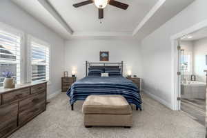 Bedroom with ceiling fan, multiple windows, a tray ceiling, and light wood-type flooring