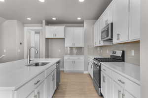 Kitchen featuring light hardwood / wood-style floors, tasteful backsplash, white cabinetry, appliances with stainless steel finishes, and sink