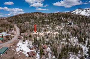 Snowy aerial view featuring a mountain view