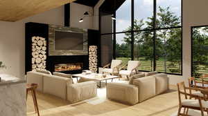 Living room with a large fireplace, a high ceiling, light hardwood / wood-style floors, and wood ceiling