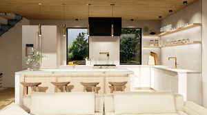 Kitchen with wooden ceiling and hardwood / wood-style floors