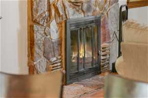 Details featuring a stone fireplace