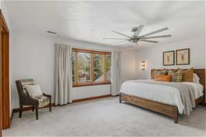 Bedroom featuring carpet, ceiling fan, and a textured ceiling