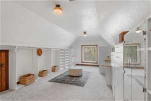 Bedroom with lofted ceiling, a textured ceiling, and light carpet
