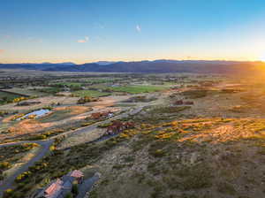 Aerial view at dusk with a mountain view