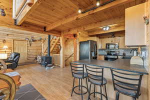 Kitchen with light wood-type flooring, appliances with stainless steel finishes, wooden ceiling, beam ceiling, and rustic walls