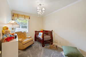 Carpeted bedroom with a nursery area, ornamental molding, and an inviting chandelier