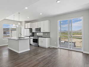 Kitchen featuring an island with sink, dark wood-type flooring, and stainless steel appliances