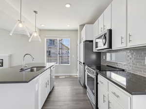 Kitchen featuring dark hardwood / wood-style flooring, tasteful backsplash, white cabinets, sink, and appliances with stainless steel finishes