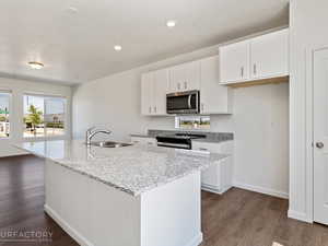 Kitchen featuring stainless steel appliances, dark hardwood / wood-style flooring, a center island with sink, and sink