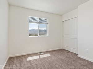 Unfurnished bedroom featuring a closet, carpet, and a mountain view